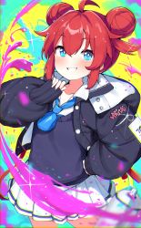 Rule 34 | 1girl, absurdres, ahoge, black jacket, blue archive, blue eyes, blue necktie, blue sweater vest, blush, collared shirt, cowboy shot, double bun, glint, grin, hair bun, highres, hood, hooded jacket, id card, jacket, looking at viewer, maki (blue archive), miniskirt, multicolored background, multicolored clothes, multicolored jacket, necktie, open clothes, open jacket, paint, pleated skirt, red hair, sakie52, shirt, sidelocks, skirt, smile, solo, sparkle, spray paint, sweater vest, two-tone jacket, white jacket, white shirt, white skirt
