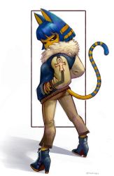 Rule 34 | animal crossing, animal ears, ankha (animal crossing), blue coat, blue hair, bob cut, boots, cat ears, cat tail, coat, colored skin, egyptian, evil eyes, from side, full body, fur collar, furry, furry female, glaring, hands in pockets, high heel boots, high heels, looking at viewer, looking back, multicolored hair, nintendo, pants, short hair, standing, tail, tealful eyes, two-tone hair, yellow fur, yellow skin