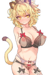 Rule 34 | 1girl, animal ear fluff, animal ears, arms behind back, bare shoulders, black bow, blonde hair, blush, bow, bow bra, bow panties, bra, breasts, collarbone, commentary request, cowboy shot, extra ears, female pubic hair, garter belt, groin, hair between eyes, highres, kemono friends, large breasts, lingerie, lion (kemono friends), lion ears, lion girl, lion tail, looking at viewer, navel, nipples, nose blush, panties, panties over garter belt, pubic hair, red bow, see-through, short hair, simple background, smile, solo, tail, thighhighs, tsukeo, underwear, underwear only, white background, yellow eyes