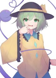 Rule 34 | 1girl, black hat, commentary request, finger to mouth, green eyes, green hair, hat, hat ribbon, heart, heart of string, highres, komeiji koishi, light particles, long sleeves, looking at viewer, matcha yado, open mouth, ribbon, shirt, short hair, simple background, solo, third eye, touhou, upper body, white background, wide sleeves, yellow ribbon, yellow shirt