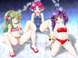 Rule 34 | 3girls, absurdres, alternate costume, aqua eyes, arm support, arms at sides, bikini, blunt bangs, blush, bow, closed mouth, contemporary, embarrassed, facial mark, fae (fire emblem), feet, fire emblem, fire emblem: mystery of the emblem, fire emblem: shadow dragon, fire emblem: the binding blade, fire emblem: the sacred stones, flat chest, frills, full body, glowing, gold trim, gradient background, green eyes, green hair, hair tie, highres, kneeling, long hair, looking at viewer, looking away, midorinor, multi-tied hair, multiple girls, myrrh (fire emblem), nintendo, nipples, nipples visible through clothes, on floor, open mouth, pale skin, parody, pink bikini, pink bow, pink hair, ponytail, power connection, purple hair, pussy juice, red bikini, red eyes, red ribbon, ribbon, sandals, school swimsuit, short hair, sidelocks, sideways glance, spread legs, sweat, swimsuit, tiara, tiki (fire emblem), tiki (young) (fire emblem), twintails