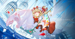 Rule 34 | 1girl, birdcage, blonde hair, cage, dress, feet, flandre scarlet, foot focus, foreshortening, full body, hat, highres, mob cap, no shoes, open mouth, pantyhose, pinafore dress, red eyes, sitting, sleeveless, sleeveless dress, soles, solo, suaynnai wanzi, swing, touhou, water, white hat, white pantyhose, wings