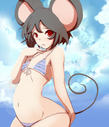 Rule 34 | 1girl, animal ears, bikini, black hair, day, dearmybrothers, female focus, flat chest, groin, highres, looking at viewer, mouse ears, mouse tail, navel, nazrin, open mouth, red eyes, short hair, solo, striped bikini, striped clothes, swimsuit, tail, touhou, wide hips
