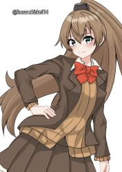 Rule 34 | 1girl, blazer, bow, bowtie, brown cardigan, brown hair, brown jacket, brown skirt, cardigan, collared shirt, green eyes, hand on own hip, highres, jacket, kantai collection, kumano (kancolle), kumano kai ni (kancolle), kurano kisuke, long hair, one-hour drawing challenge, pleated skirt, red bow, red bowtie, shirt, simple background, skirt, smile, solo, twitter username, white background