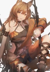 Rule 34 | 1girl, absurdres, animal ears, arknights, black collar, black one-piece swimsuit, black shorts, boots, breasts, brown footwear, brown hair, ceobe (arknights), ceobe (summer flowers) (arknights), cleavage, collar, commentary, dog ears, fang, hair between eyes, highres, jacket, kiyakyuu, knee up, knife, lock, long hair, long sleeves, medium breasts, official alternate costume, one-piece swimsuit, open clothes, open jacket, open mouth, orange jacket, padlock, shorts, simple background, sitting, skin fang, solo, swimsuit, very long hair, weapon, white background, yellow eyes