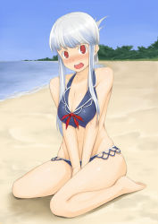 Rule 34 | 1girl, @ @, adapted costume, alternate hairstyle, bad id, bad pixiv id, bare shoulders, barefoot, beach, bikini, blue hair, blush, breasts, cleavage, day, embarrassed, female focus, groin, hair up, kabocha head, kamishirasawa keine, kneeling, large breasts, long hair, multicolored hair, no headwear, no headwear, open mouth, red eyes, ringed eyes, sitting, solo, swimsuit, touhou, two-tone hair, v arms, wariza, white hair