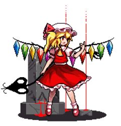 Rule 34 | 1girl, :d, antinomy of common flowers, ascot, blonde hair, blood, bobby socks, bow, commentary, crystal, fang, flandre scarlet, frilled skirt, frills, full body, hand up, hat, hat ribbon, holding, holding weapon, laevatein, looking to the side, lowres, mary janes, medium hair, mob cap, official style, one side up, open mouth, pixel art, puffy short sleeves, puffy sleeves, red bow, red eyes, red footwear, red ribbon, red skirt, red vest, ribbon, shirt, shoes, short sleeves, side ponytail, skirt, smile, socks, solo, the hammer (pixiv30862105), touhou, transparent background, vest, weapon, white shirt, wings, yellow ascot