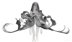 Rule 34 | 1girl, absurdres, arms at sides, bare shoulders, black dress, black hair, blunt bangs, chinese commentary, closed mouth, collarbone, dress, expressionless, feet out of frame, flower, greyscale, head tilt, highres, long hair, looking at viewer, monochrome, opood, original, pale skin, simple background, skinny, solo, standing, very long hair, weibo logo, weibo watermark, white background