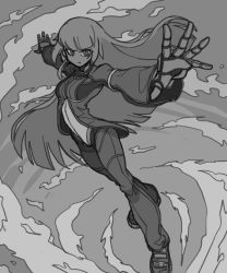 Rule 34 | 1girl, :t, blunt bangs, bodysuit, bone nig, breasts, commentary request, from above, full body, gloves, greyscale, highres, kula diamond, long hair, long sleeves, looking at viewer, monochrome, outstretched arms, pout, shoes, small breasts, solo, spread arms, standing, the king of fighters, the king of fighters xv