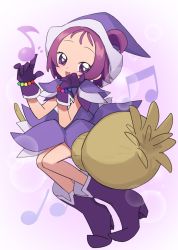 Rule 34 | 1girl, :d, bad link, beads, boots, chorefuji, commentary request, dress, earrings, eyelashes, full body, gloves, hands up, hat, highres, jewelry, looking at viewer, musical note, ojamajo doremi, one side up, open mouth, purple dress, purple eyes, purple footwear, purple gloves, purple hair, purple hat, segawa onpu, short hair, smile, solo, tongue