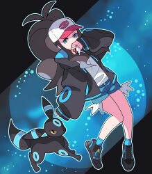 Rule 34 | 1girl, adapted costume, alternate color, antenna hair, baseball cap, black footwear, boots, brown hair, commentary request, covering own mouth, creatures (company), eyelashes, game freak, gen 2 pokemon, hand up, hat, highres, hilda (pokemon), holding, holding poke ball, hood, hood down, hooded jacket, jacket, knees together feet apart, long hair, long sleeves, nintendo, open clothes, open jacket, outline, poke ball, poke ball (basic), poke ball print, pokemon, pokemon bw, shiny pokemon, shirt, shoes, short shorts, shorts, sidelocks, sneakers, socks, sutokame, umbreon, white headwear