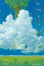 Rule 34 | artist name, balloon, blue sky, blue theme, calligraphy brush (medium), cloud, commentary, commentary request, day, ebine toshio, english commentary, field, flower, flower field, grass, mixed-language commentary, nature, no humans, original, outdoors, scenery, signature, sky, tapir, traditional media, tree
