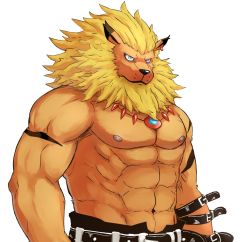 Rule 34 | 1boy, abs, animal ears, bandai namco, beardcat, blue eyes, digimon, digimon (creature), digimon tamers, earrings, furry, furry male, highres, jewelry, leomon, lion ears, male focus, muscular, necklace, nipples, scar, topless male, simple background, single earring, solo, upper body, white background