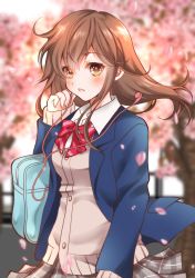 Rule 34 | 1girl, bad id, bad pixiv id, bag, blazer, blush, bow, bowtie, brown eyes, brown hair, cardigan, cherry blossoms, day, earphones, floating hair, from side, highres, jacket, long hair, long sleeves, looking to the side, open clothes, open jacket, original, outdoors, parted lips, petals, plaid, plaid bow, plaid bowtie, plaid neckwear, plaid skirt, red bow, red bowtie, school uniform, sheepd, skirt, solo, upper body