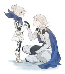 Rule 34 | 1boy, 1girl, armor, barefoot, cape, corrin (fire emblem), corrin (male) (fire emblem), crying, father and daughter, feet, fire emblem, fire emblem fates, fire emblem heroes, gloves, hair bun, image sample, itou (very ito), kana (female) (fire emblem), kana (fire emblem), nintendo, pointy ears, scarf, twitter sample, white hair