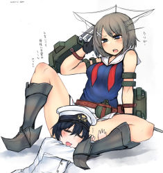 Rule 34 | 10s, 1boy, 1girl, = =, admiral (kancolle), blue eyes, blush, brown hair, canteen, drooling, embarrassed, gloves, hair ornament, hairclip, headgear, kantai collection, little boy admiral (kancolle), maya (kancolle), necktie, open mouth, sailor collar, short hair, sigama, simple background, sitting, skirt, sleeping, sweatdrop, text focus, translation request, turret, untied, white background