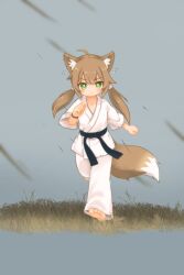 Rule 34 | 1girl, absurdres, ahoge, animal ear fluff, animal ears, barefoot, belt, black belt, bright pupils, chinese commentary, closed mouth, commentary request, dougi, flying sweatdrops, fox ears, fox girl, fox tail, green eyes, grey background, highres, kuma-bound, low twintails, martial arts belt, on grass, original, pants, running, simple background, solo, tail, twintails, white pants, white pupils