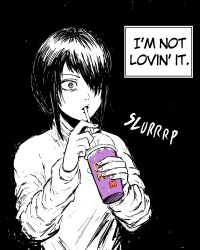 Rule 34 | 1girl, absurdres, chainsaw man, cup, disposable cup, drinking straw, english text, greyscale, grimace shake (meme), highres, holding, holding cup, ibumuc, long hair, meme, monochrome, nayuta (chainsaw man), ringed eyes, solo, spot color, turtleneck