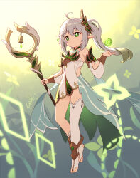 Rule 34 | 1girl, absurdres, ahoge, bell, blush, breasts, closed mouth, commentary request, cross-shaped pupils, detached sleeves, dress, genshin impact, green eyes, green hair, grey hair, hand up, highres, holding, holding staff, langbazi, long hair, long sleeves, nahida (genshin impact), pointy ears, puffy long sleeves, puffy sleeves, side ponytail, signature, single sock, single thighhigh, sleeveless, sleeveless dress, small breasts, socks, solo, staff, stirrup legwear, symbol-shaped pupils, thighhighs, toeless legwear, white dress, white sleeves, white socks, white thighhighs