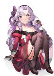 Rule 34 | 1girl, bare shoulders, blush, brown footwear, brown gloves, brown thighhighs, chest tattoo, choker, closed mouth, dress, full body, fuyouchu, garter straps, gloves, hair ribbon, hairband, holding, holding hair, hyakumantenbara salome, hyakumantenbara salome (1st costume), juliet sleeves, knees up, long sleeves, nijisanji, puffy sleeves, purple eyes, purple hair, red dress, ribbon, shoes, simple background, sitting, smile, solo, tattoo, thighhighs, virtual youtuber, white background
