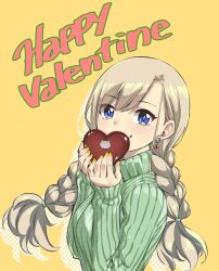 Rule 34 | 1girl, blonde hair, blue eyes, braid, breasts, candy, chocolate, chocolate heart, covered mouth, earrings, eden&#039;s zero, food, green sweater, happy valentine, heart, highres, holding, holding chocolate, holding food, jewelry, large breasts, long hair, long sleeves, looking at viewer, mashima hiro, nail polish, official art, rebecca bluegarden, ribbed sweater, smile, solo, sweater, twin braids, upper body, valentine, yellow background, yellow nails