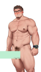 Rule 34 | 1boy, abs, absurdres, bara, blush, brown hair, censored, closed eyes, facial hair, flaccid, glasses, goatee, highres, hiroki bzdsk, large pectorals, male focus, male pubic hair, muscular, muscular male, navel, nipples, nude, original, pectorals, penis, pubic hair, short hair, smile, solo, thick thighs, thighs, watch, wristwatch