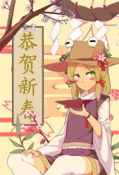 Rule 34 | 1girl, :/, absurdres, blonde hair, blush stickers, bracelet, branch, brown hat, cherry blossoms, closed mouth, commentary, cup, feet out of frame, green eyes, hair ribbon, hand on own thigh, hand up, happy new year, hat, hat ribbon, highres, holding, holding cup, jewelry, leaf, long sleeves, looking at viewer, medium hair, moriya suwako, new year, onbashira, parted bangs, purple skirt, purple vest, red ribbon, ribbon, sakazuki, shide, shirt, sitting, skirt, skirt set, solo, thighhighs, touhou, translated, tuck (tuck23978434), vest, white shirt, white thighhighs, wide sleeves