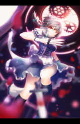 Rule 34 | 1girl, apron, bad id, bad pixiv id, blurry, bodice, braid, corset, dagger, dress, dutch angle, gloves, highres, izayoi sakuya, kneehighs, knife, lancefate, letterboxed, looking at viewer, maid headdress, parted lips, puffy sleeves, red eyes, ribbon, short hair, short sleeves, silver hair, skirt, skirt set, socks, solo, touhou, twin braids, waist apron, weapon, white gloves