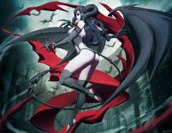 Rule 34 | 1girl, ass, black gloves, black hair, black legwear, breasts, chain, claws, demon girl, demon tail, demon wings, female focus, genzoman, gloves, horns, large breasts, lilith, long hair, looking at viewer, looking back, smile, solo, tail, wings