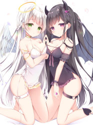 Rule 34 | 2girls, angel, angel wings, armband, ass, black dress, black hair, blush, breast hold, breast press, breasts, cleavage, commentary, demon, demon girl, demon horns, demon tail, dress, earrings, english commentary, feathered wings, feet out of frame, frown, green eyes, halo, highres, horns, jewelry, kneeling, lingerie, long hair, looking at viewer, medium breasts, multiple girls, original, parted lips, purple eyes, ring, shirosei mochi, simple background, symmetrical docking, tail, thigh strap, underwear, very long hair, white background, white dress, white hair, white wings, wings