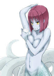 Rule 34 | 1girl, arm up, bad id, bad pixiv id, blue skin, breast press, breasts, collarbone, colored skin, food, lamia, large breasts, monster girl, navel, nucomas, nude, onigiri, original, pointy ears, red hair, scales, short hair, simple background, snake tail, solo, tail, washing, yellow eyes