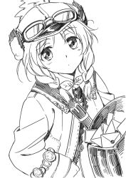 Rule 34 | 1girl, agahari, annette (rune factory), braid, goggles, goggles on head, greyscale, monochrome, rune factory, simple background, solo, white background