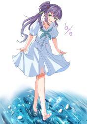 Rule 34 | 1girl, :d, absurdres, aqua neckerchief, barefoot, collarbone, commentary request, dated, dress, flower, full body, green eyes, hair bun, hair flower, hair ornament, hasu no sora school uniform, highres, ixianim, link! like! love live!, long hair, looking at viewer, love live!, medium dress, neckerchief, open mouth, otomune kozue, pleated dress, purple hair, red flower, sailor collar, sailor dress, school uniform, short sleeves, side ponytail, sidelocks, single side bun, skirt hold, smile, solo, summer uniform, teeth, upper teeth only, virtual youtuber, wading, wet, wet clothes, white background, white dress, white sailor collar