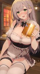 Rule 34 | 1girl, :d, absurdres, alcohol, apron, arm support, beer, beer mug, bench, blunt bangs, blush, breasts, ceiling light, cleavage, cup, detached sleeves, dirndl, evening, flower, food, german clothes, green eyes, grey hair, hair flower, hair ornament, highres, holding, holding cup, hololive, indoors, large breasts, light rays, looking at viewer, mug, open mouth, pie, shirogane noel, shirogane noel (dirndl), sitting, smile, solo, table, thick thighs, thighhighs, thighs, virtual youtuber, white thighhighs, window, wrist cuffs, yeije