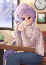 Rule 34 | 1girl, absurdres, blowing, clock, commission, commissioner upload, cup, denim, fire emblem, fire emblem: genealogy of the holy war, fire emblem heroes, hair ornament, highres, holding, holding cup, indoors, ishtar (fire emblem), jeans, long hair, long sleeves, nassss, nintendo, open mouth, pants, ponytail, purple eyes, purple hair, ribbed sweater, sitting, solo, sweater, table, turtleneck, turtleneck sweater, twitter username, very long hair, window