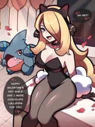 Rule 34 | 1girl, animal ears, arm support, balloon, black choker, black gloves, blonde hair, blue eyes, breasts, choker, cleavage, commentary, covered navel, creatures (company), cynthia (pokemon), english commentary, english text, fake animal ears, game freak, gen 4 pokemon, gible, gloves, groin, happy, heart, heart-shaped pupils, highres, knees together feet apart, large breasts, leotard, light blush, long hair, looking at viewer, nintendo, one eye covered, open mouth, pantyhose, pokemon, pokemon dppt, shadow, sitting, symbol-shaped pupils, thick thighs, thighs, touyarokii, twitter username, very long hair, wide hips