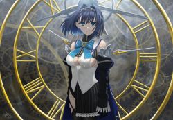 Rule 34 | 1girl, asymmetrical clothes, bare shoulders, black hair, blue hair, blue ribbon, bow, bowtie, breasts, cleavage cutout, clock, clockwork, clothing cutout, colored tips, commentary, detached sleeves, english commentary, glowing, glowing eyes, hair intakes, heart-shaped gem, highres, hololive, hololive english, looking at viewer, multicolored hair, ouro kronii, ribbon, sailor collar, short hair, sideboob, signature, steb, upper body, virtual youtuber