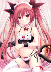 Rule 34 | 1girl, animal ears, arm support, arm under breasts, bell, black bra, black panties, black ribbon, blush, bow, bow bra, bow panties, bra, breasts, candy, cat ears, cat tail, choker, date a live, fake animal ears, food, frilled bra, frilled panties, frills, hair between eyes, hair ribbon, holding, holding candy, holding food, holding lollipop, itsuka kotori, kmcgold30, lingerie, lollipop, long hair, looking at viewer, midriff, navel, on bed, panties, pillow, red bow, red eyes, red hair, ribbon, sidelocks, sitting, small breasts, solo, string panties, tail, tail bell, tail ornament, tail ribbon, thighhighs, thighs, twintails, underwear, v-shaped eyebrows, very long hair, white choker, white thighhighs