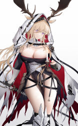Rule 34 | 1girl, animal ears, antlers, arknights, armor, bare shoulders, black dress, black gloves, blonde hair, breasts, candle, candlestand, cape, cleavage, closed mouth, covered navel, deer antlers, deer ears, detached collar, detached sleeves, dress, ears through headwear, gloves, greaves, highres, holding, holding sword, holding weapon, hood, hooded cape, horns, horns through headwear, large breasts, long hair, long sleeves, looking at viewer, no panties, partially fingerless gloves, pelvic curtain, purple eyes, rapier, smile, solo, strapless, strapless dress, sword, thighs, vambraces, viviana (arknights), weapon, white hood, yuuki mix