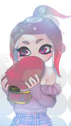 Rule 34 | 1girl, alternate hairstyle, bad id, bad twitter id, bare shoulders, blush, cabbie hat, covering own mouth, flying sweatdrops, hat, highres, holding, holding clothes, holding hat, kashu (hizake), light, long sleeves, looking away, medium hair, nintendo, octoling, octoling girl, octoling player character, off-shoulder shirt, off shoulder, plaid, plaid skirt, ponytail, purple shirt, red eyes, red hair, red hat, ribbed shirt, shirt, shirt tucked in, sideways glance, skirt, sleeves past wrists, solo, splatoon (series), splatoon 2, splatoon 2: octo expansion, stitches, suction cups, tentacle hair, thick eyebrows, unworn hat, unworn headwear, white background