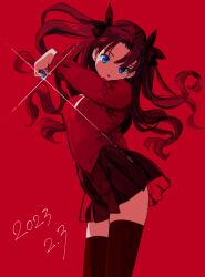 Rule 34 | 1girl, black hair, black ribbon, black skirt, black thighhighs, blue eyes, cowboy shot, dated, fate/stay night, fate (series), floating hair, glint, hair ribbon, highres, hirose3y, holding, long hair, long sleeves, looking at viewer, parted lips, pleated skirt, red background, red shirt, red theme, ribbon, shirt, simple background, skirt, solo, thighhighs, tohsaka rin