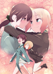 Rule 34 | 2girls, arms behind back, blonde hair, blue eyes, blush, boots, brown eyes, brown hair, erica hartmann, eye contact, closed eyes, gertrud barkhorn, grin, hug, interlocked fingers, long hair, looking at another, military, military uniform, multiple girls, open mouth, own hands clasped, own hands together, panties, profile, short hair, smile, strike witches, touge hiro, underwear, uniform, walking, white panties, world witches series, yuri