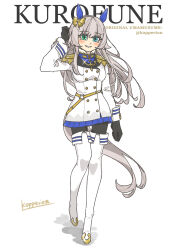 Rule 34 | 1girl, absurdres, adjusting hair, anchor ornament, animal ears, aqua eyes, arm at side, artist name, black gloves, black pantyhose, blue skirt, boots, bow, buttons, character name, commentary request, double-breasted, ear bow, ear covers, epaulettes, full body, genderswap, genderswap (mtf), glint, gloves, green eyes, hair between eyes, heterochromia, highres, horse ears, horse girl, horse tail, jacket, kopperion, kurofune (racehorse), light brown hair, long hair, long sleeves, looking at viewer, military jacket, military uniform, miniskirt, naval uniform, o-ring, original, pantyhose, personification, pleated skirt, shadow, skirt, smile, solo, tail, thigh boots, umamusume, uniform, yellow bow