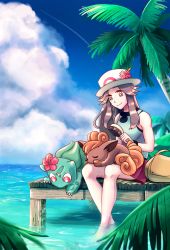 Rule 34 | 1girl, aqua shirt, armpits, bag, bare shoulders, barefoot, beach, breasts, brown eyes, brown hair, bulbasaur, clenched hands, cloud, comb, creatures (company), day, eyelashes, feet, feet in water, female focus, flower, flower on head, full body, game freak, gen 1 pokemon, happy, hat, highres, leaf (pokemon), legs, long hair, looking at another, matching hair/eyes, miniskirt, neck, nintendo, ocean, outdoors, palm tree, parted bangs, pokemon, pokemon (creature), pokemon frlg, porkpie hat, red skirt, shirt, sidelocks, sitting, size difference, skirt, sky, sleeveless, sleeveless shirt, small breasts, smile, straight hair, sunlight, thighs, tree, two-tone shirt, vulpix, water, white headwear, wristband