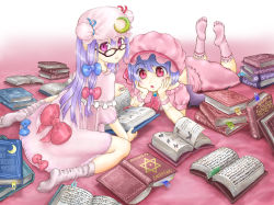 Rule 34 | 2girls, ascot, backless outfit, bad id, bad pixiv id, bat wings, bespectacled, blue hair, book, book stack, bookmark, bow, brooch, capelet, crescent, crescent hair ornament, double bun, frown, glasses, gradient background, hair bow, hair bun, hair ornament, hat, head rest, hexagram, highres, izumi natsumi, jewelry, leg lift, long hair, looking at viewer, looking back, lying, mob cap, multiple girls, on floor, on stomach, open book, open mouth, patchouli knowledge, purple eyes, purple hair, red eyes, remilia scarlet, robe, short hair, short sleeves, sitting, toe socks, touhou, wariza, wings, wrist cuffs