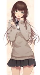 Rule 34 | 1girl, amagami, brown eyes, brown hair, cowboy shot, kamizaki risa, kibito high school uniform, long hair, long sleeves, looking at viewer, open mouth, pleated skirt, school uniform, serizawa (serizawaroom), simple background, skirt, sleeves past wrists, solo, sweater, two-tone background