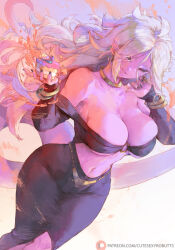 Rule 34 | 1girl, android 21, bare shoulders, black dress, black nails, black sclera, bracelet, breasts, bursting breasts, cake, cake slice, center opening, cleavage, collarbone, colored sclera, colored skin, cutesexyrobutts, dragon ball, dragon ball fighterz, dress, earrings, highres, hoop earrings, jewelry, large breasts, long hair, long sleeves, looking at viewer, majin android 21, navel, neck ring, no bra, o-ring, off shoulder, pink skin, pointy ears, red eyes, revealing clothes, smile, solo, tail, very long hair, white hair, wide hips