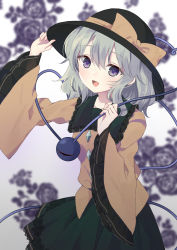 Rule 34 | 1girl, :d, blouse, blurry, blurry background, bow, breasts, commentary request, cowboy shot, floral background, green skirt, hand up, hat, hat bow, highres, komeiji koishi, light blush, looking at viewer, medium breasts, medium hair, open mouth, purin jiisan, purple eyes, shirt, silver hair, simple background, skirt, smile, solo, touhou, white background, wide sleeves, yellow bow, yellow shirt