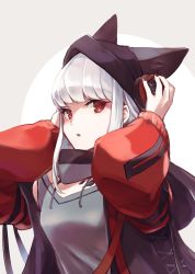 Rule 34 | 1girl, animal ears, arknights, arms up, beanie, breasts, circle, coat, detached collar, detached sleeves, e-bushi, fox ears, fox girl, frostleaf (arknights), grey background, grey shirt, hands on headphones, hat, headphones, headphones over headwear, highres, hood, hooded coat, long hair, long sleeves, looking at viewer, material growth, nail polish, oripathy lesion (arknights), oversized clothes, parted lips, red coat, red eyes, red nails, shirt, sidelocks, simple background, solo, upper body, white background, white hair