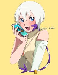 Rule 34 | 1girl, absurdres, alternate form, blue eyes, blush, breasts, cellphone, commentary request, digimon, digimon xros wars, highres, looking at viewer, one-hour drawing challenge, open mouth, personification, phone, shirt, short hair, simple background, sleeveless, smile, solo, sweater, tailmon, turtleneck, turtleneck sweater, wizarmon